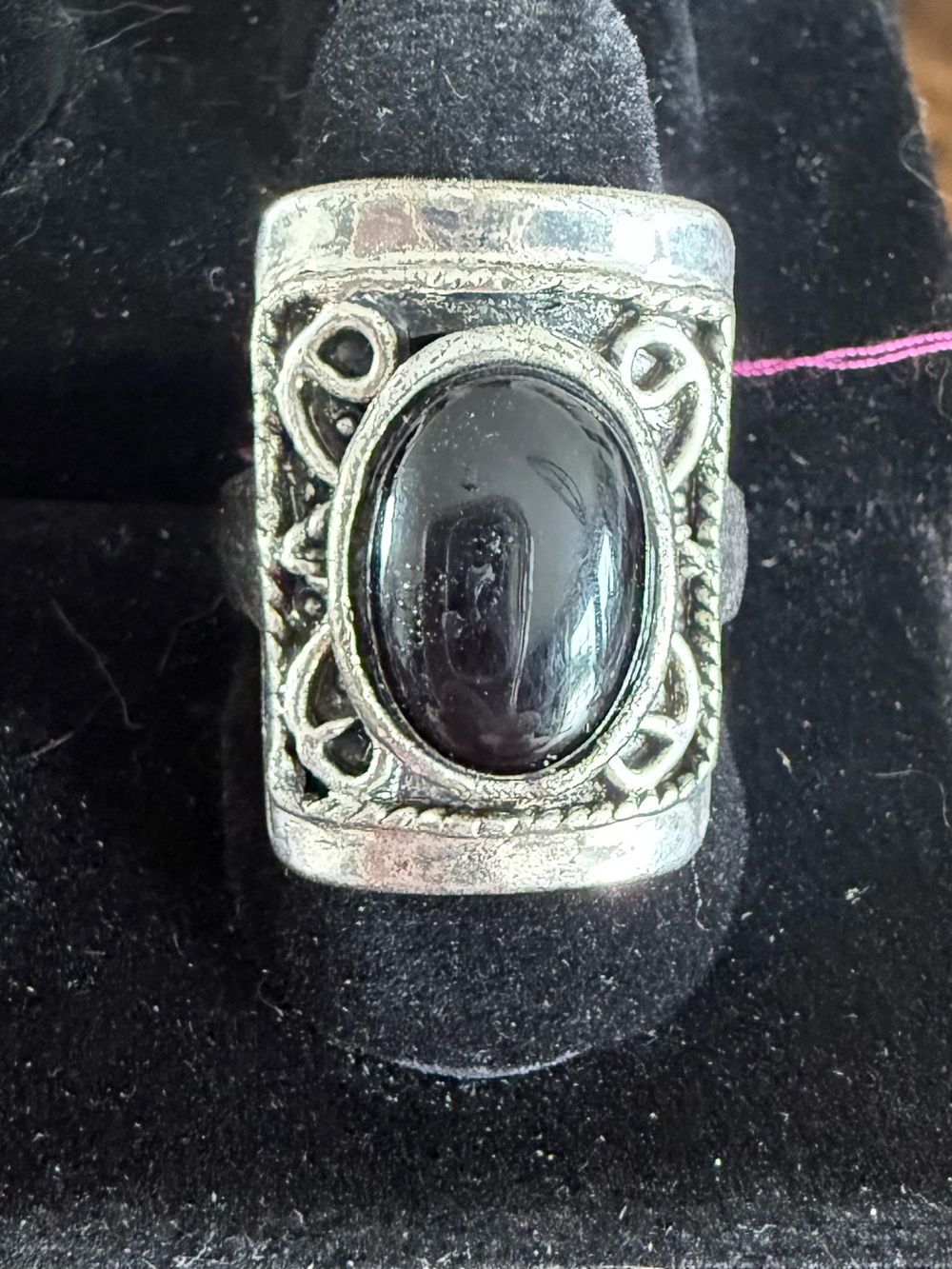 Silver-Tone Black Stone Celtic Scroll Statement Ring